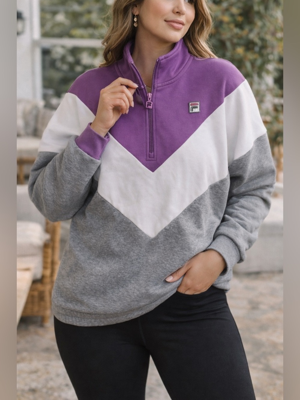 FILA Purple Colorblock Quarter Zip Pullover Sweatshirt XL Athleisure